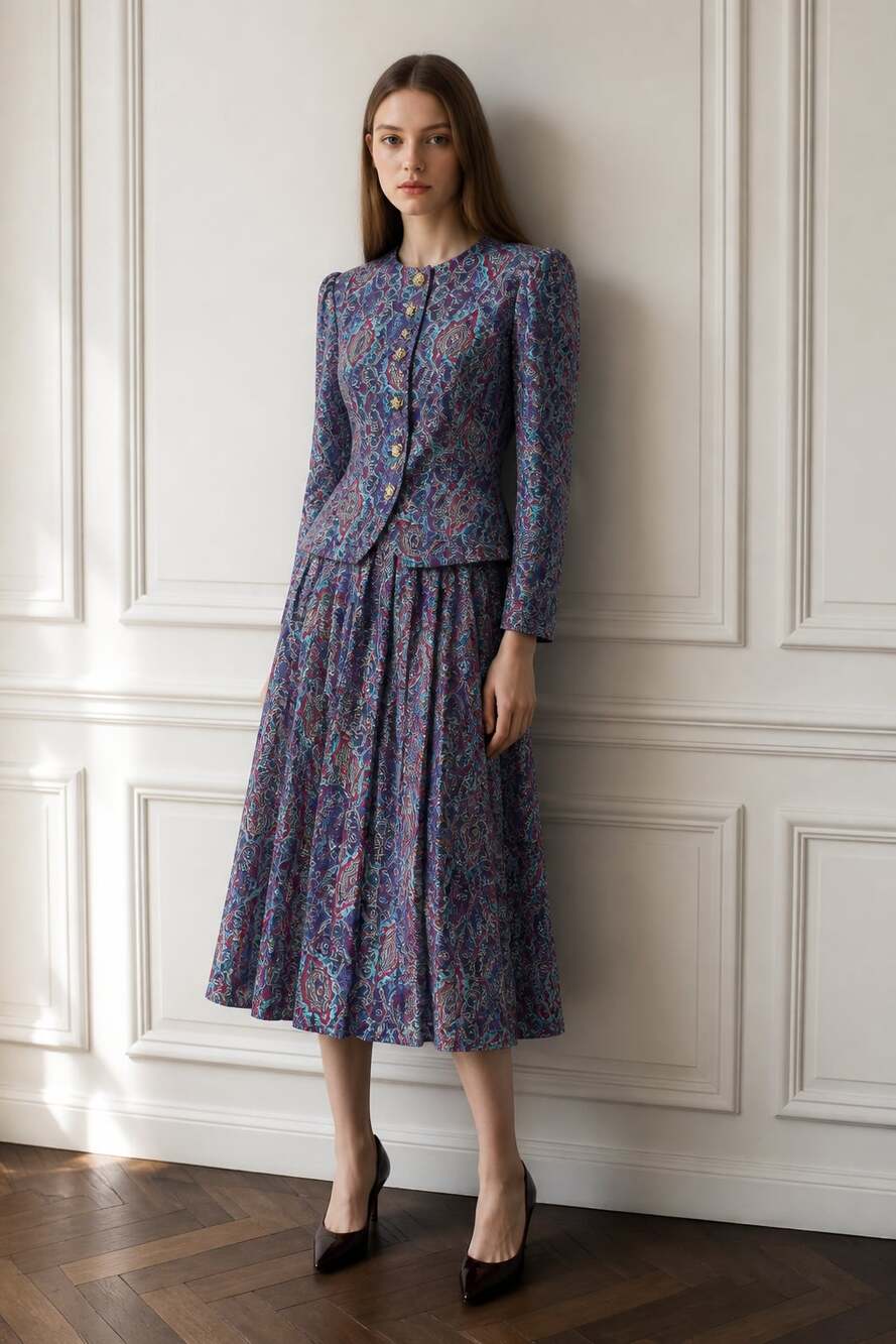 Leslie Fay Paisley 2-Piece Skirt and Jacket Set, Size 10P, Made in the USA